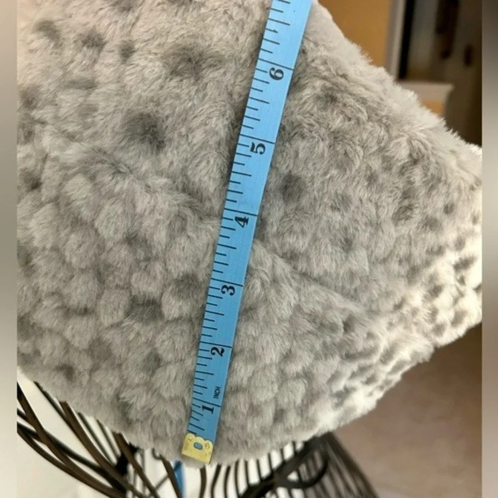 Faux fur infinity neck scarf for winter warmth. Gray and cream with animal spots